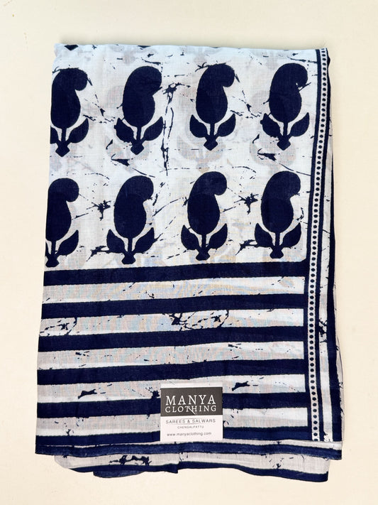 White & Blue Pure Mul-Mul Cotton Saree