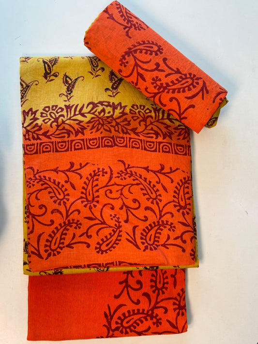 Yellow with Orange Unstitched Salwar Suit