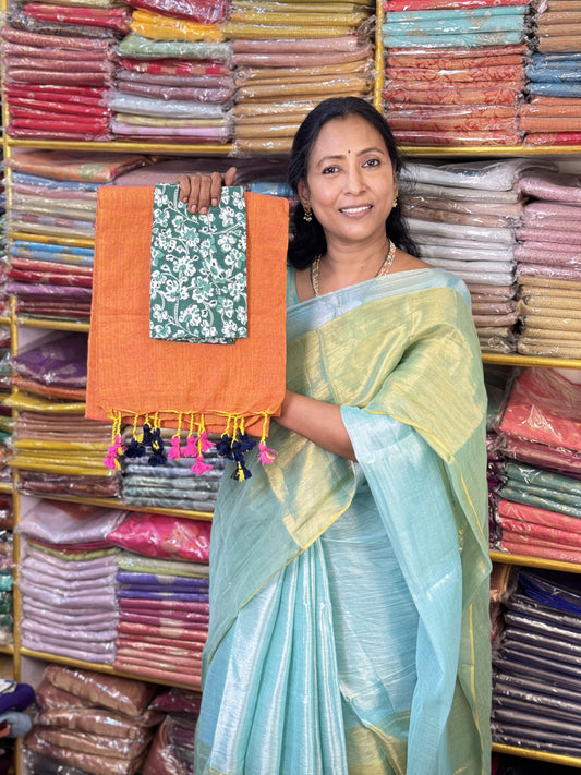 Orange Khadi Cotton Saree with Matching Blouse