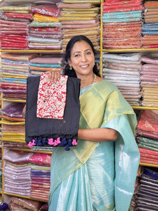 Black Khadi Cotton Saree with Matching Blouse
