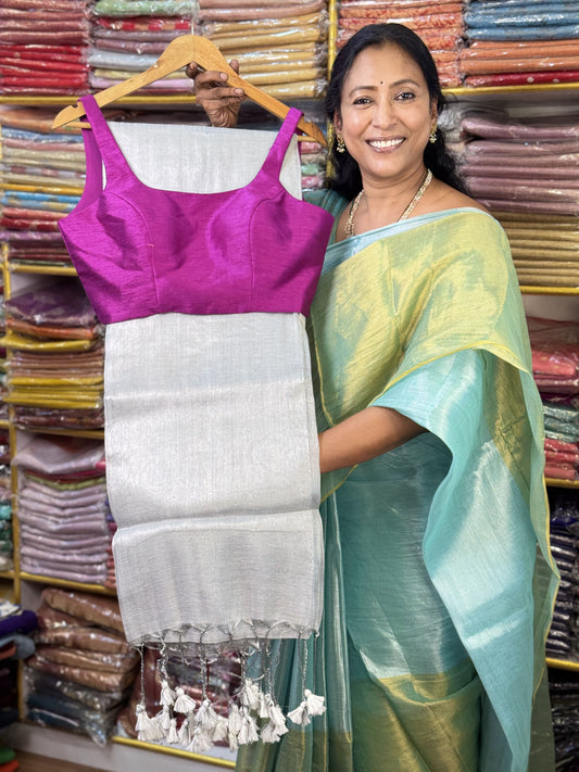 Silver with Maroon Border Plain Tissue Saree with Sleeveless Blouse