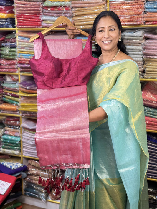 Silver Pink Plain Tissue Saree with Sleeveless Blouse