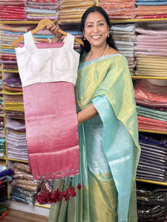 Silver Pink Plain Tissue Saree with Sleeveless Blouse