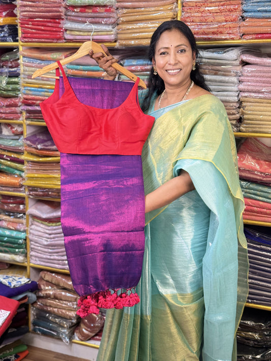 Dark Purple Plain Tissue Saree with Sleeveless Blouse