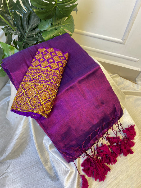 Dark Purple Plain Tissue Saree with Work Blouse Combo