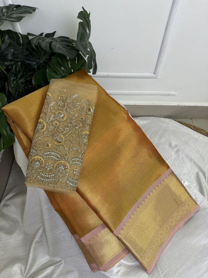 Golden Orange Tissue Saree with Work Blouse Combo