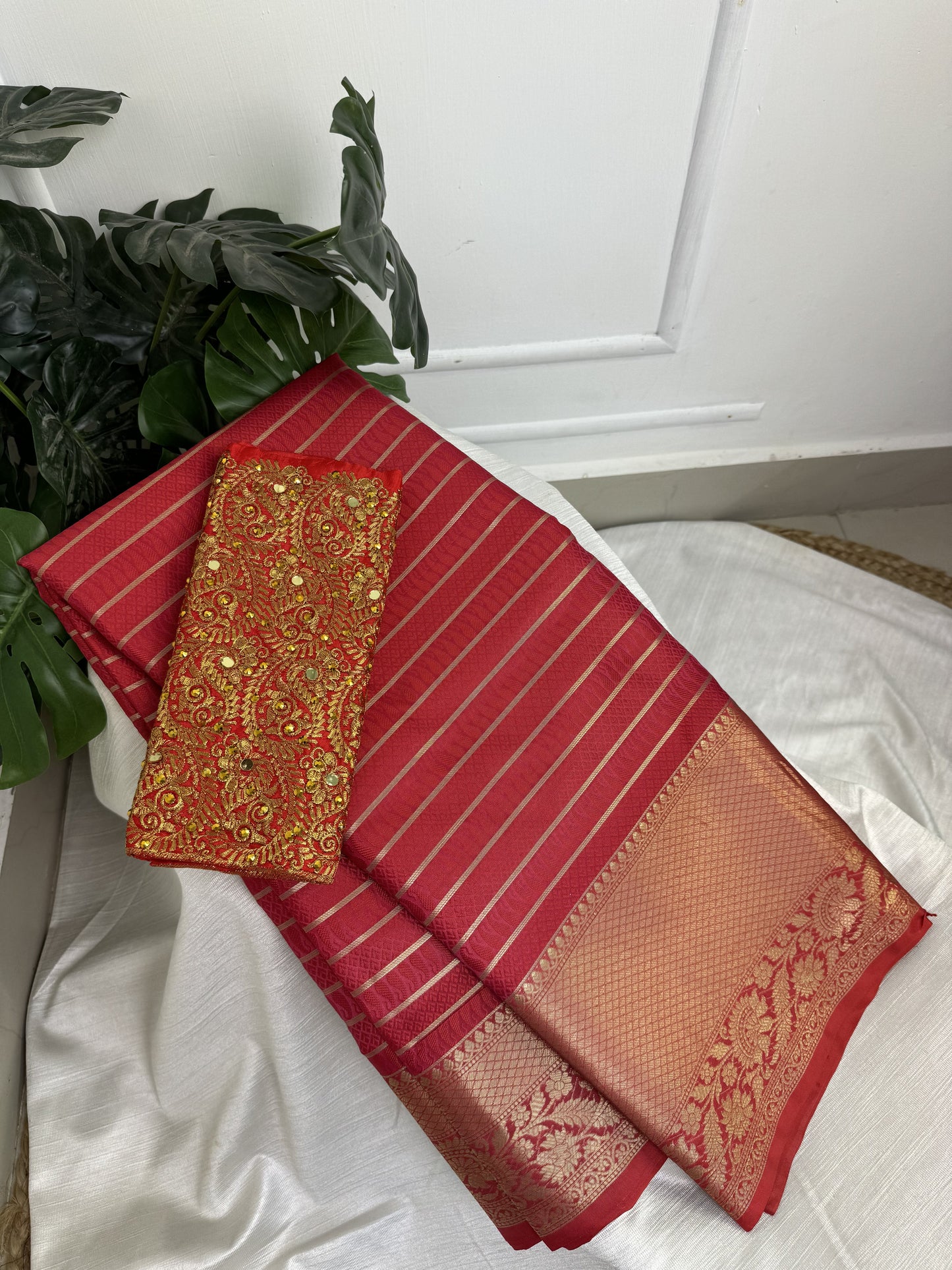 Tomato Pink Semi Kathan Silk Saree with Work Blouse Combo