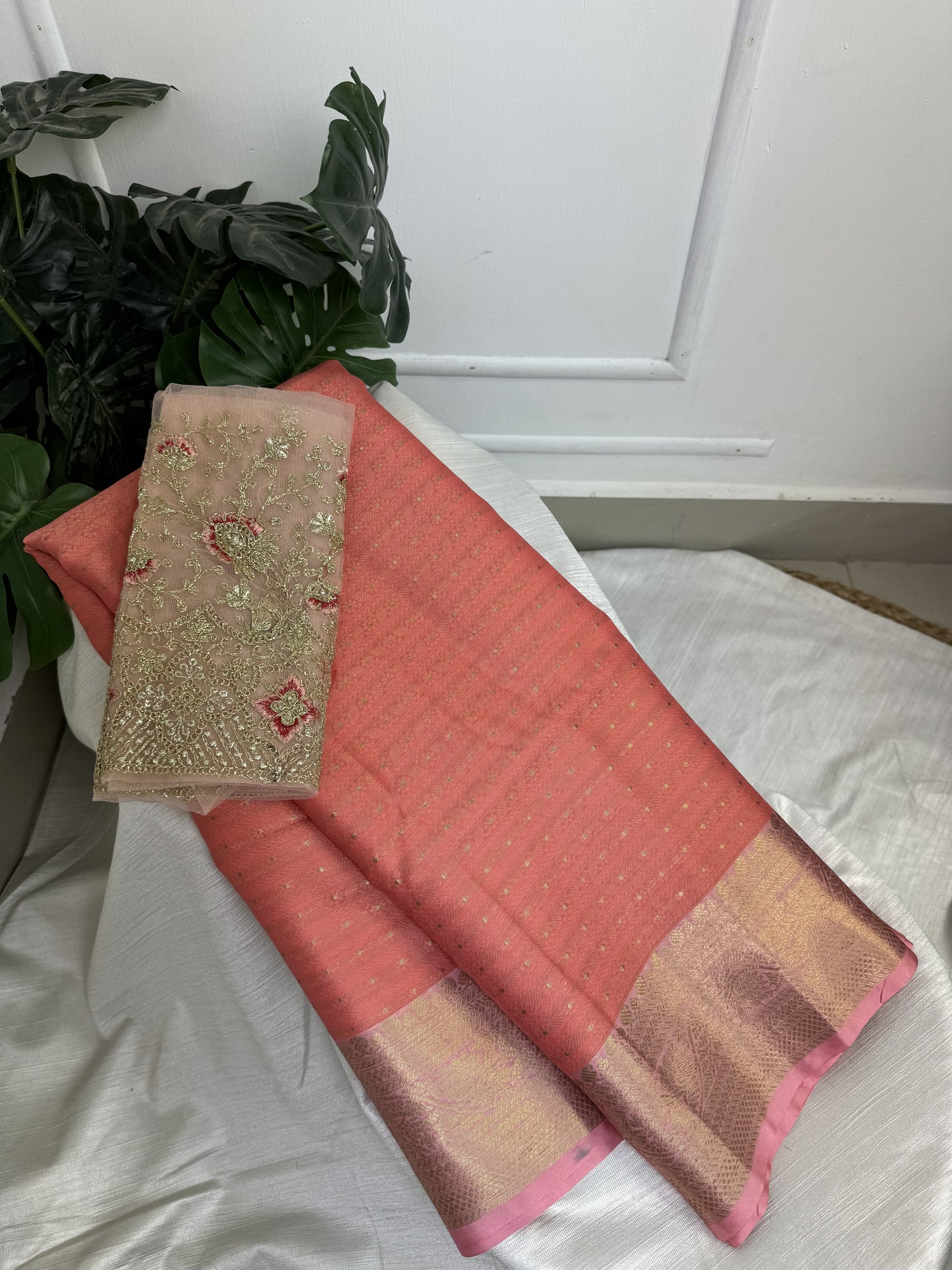 Dark Peach Semi Kathan Silk Saree with Work Blouse Combo