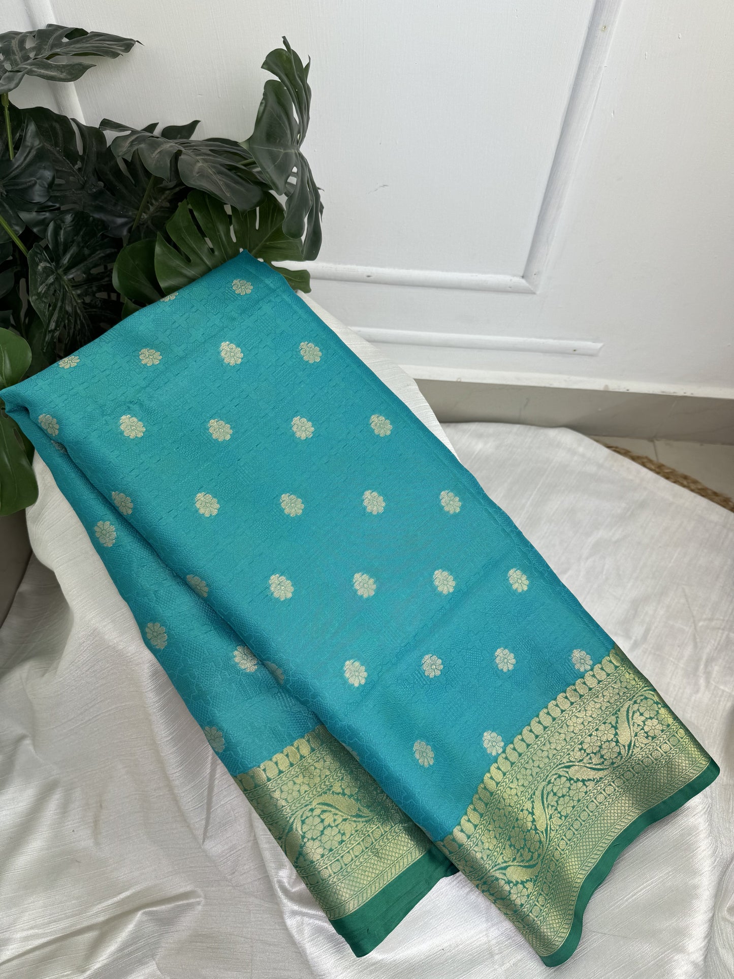 Rama Green Semi Kathan Silk Saree with Work Blouse Combo