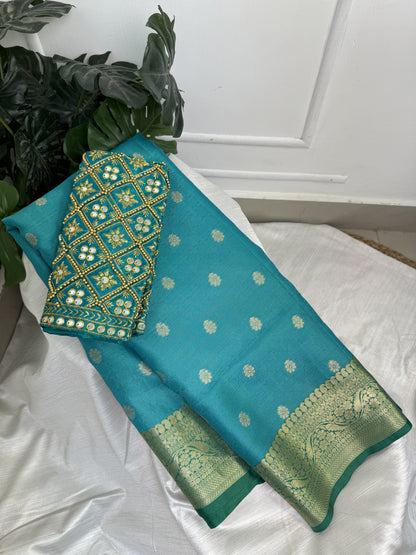 Rama Green Semi Kathan Silk Saree with Work Blouse Combo