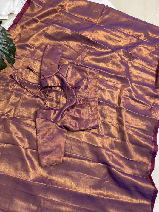 Light Purple Plain Khadi Tissue Saree with Stitched Blouse