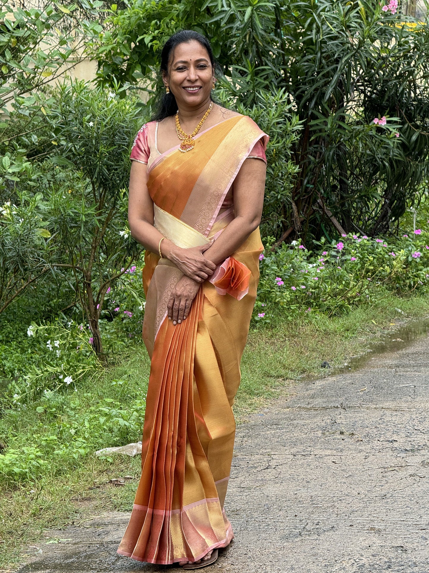 Golden Orange Tissue Saree with Work Blouse Combo