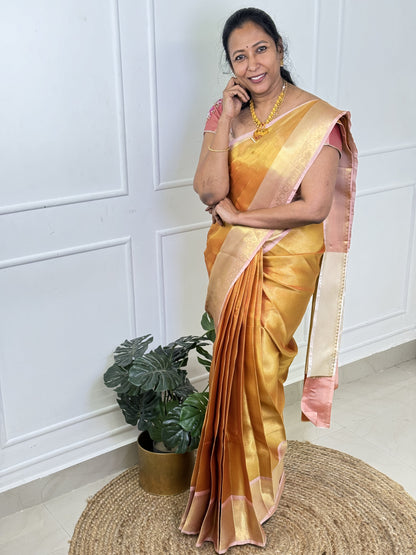 Golden Orange Tissue Saree with Work Blouse Combo