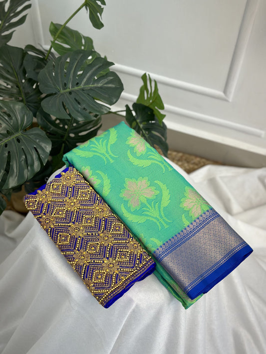 Rama Green Blue Kora Muslin Saree with Work blouse combo