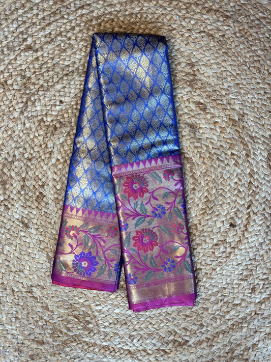 Dark Blue with Magenta Pink Semi Kathan Saree