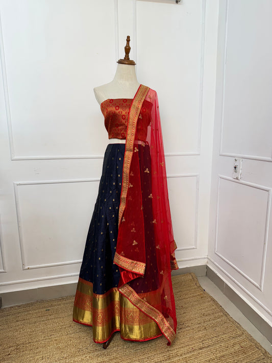 Navy Blue with Red Half Saree Set