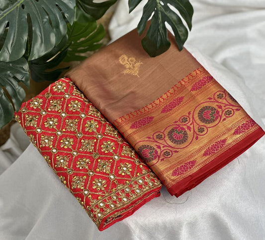 Rust Tomato Pink Soft Silk Saree with Work Blouse Combo