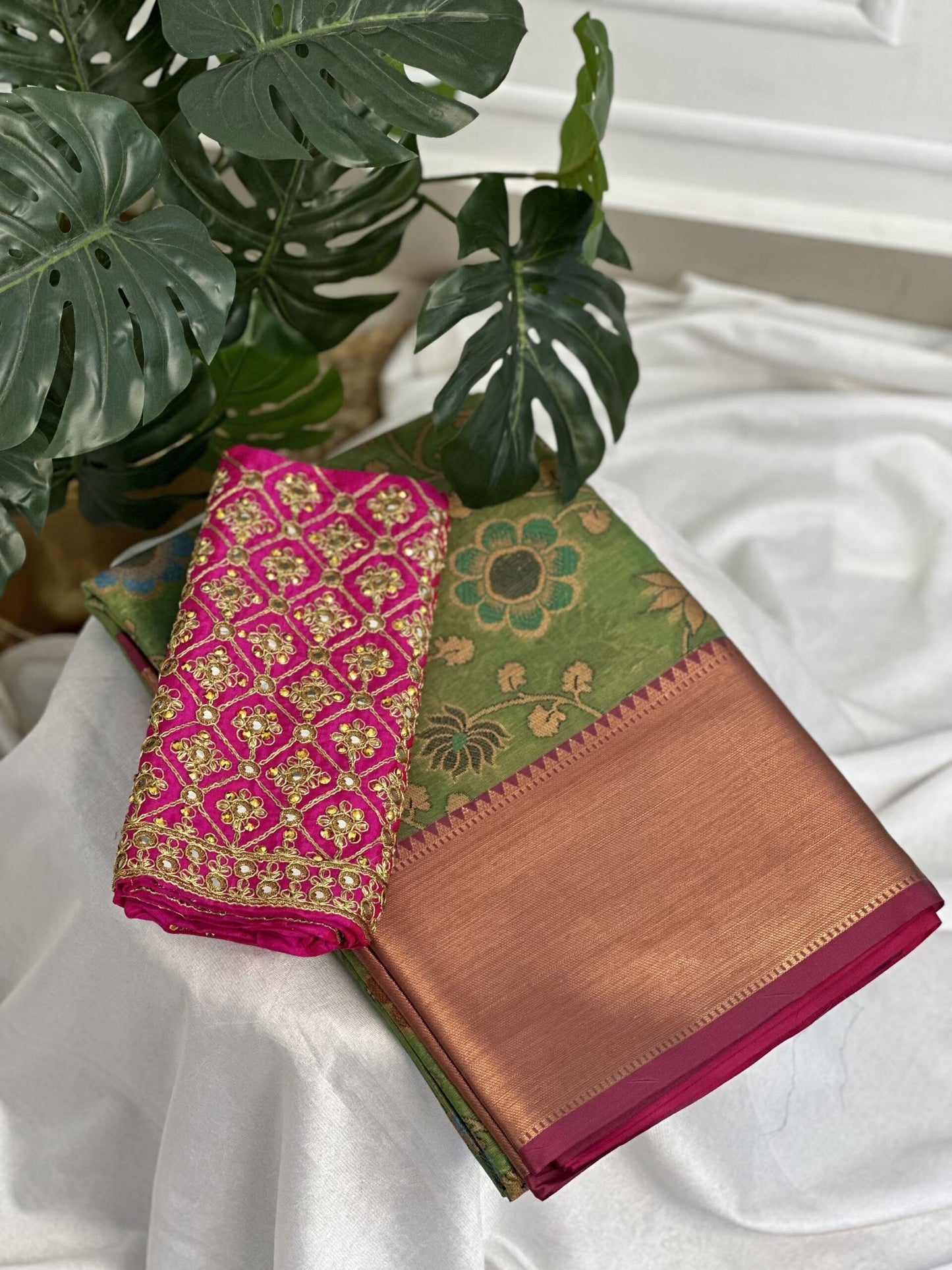 Green Pink Tissue Saree with Work Blouse Combo