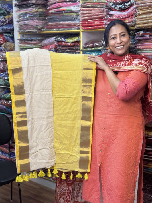 White with Yellow Pure Mul Cotton Saree