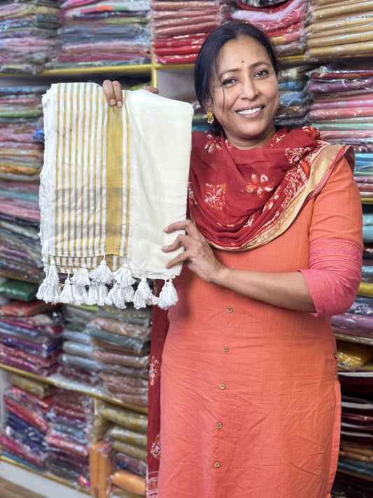 White Golden Pure Mul Cotton Saree