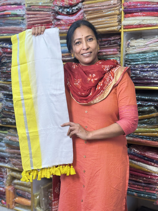 White with Yellow Border Pure Mul Cotton Saree