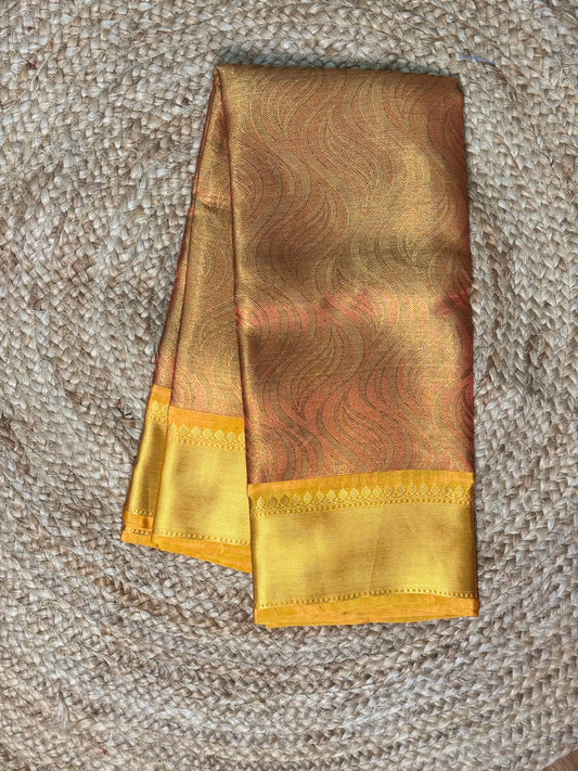 Brown with Yellow bordered Tissue Saree