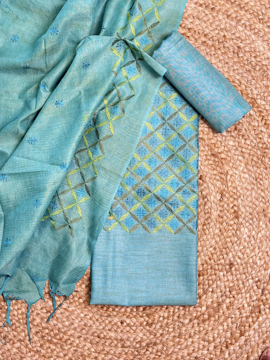 Light Rama Green with Red Unstitched Salwar Suit
