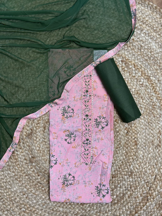 Light Pink with Green with Red Unstitched Salwar Suit