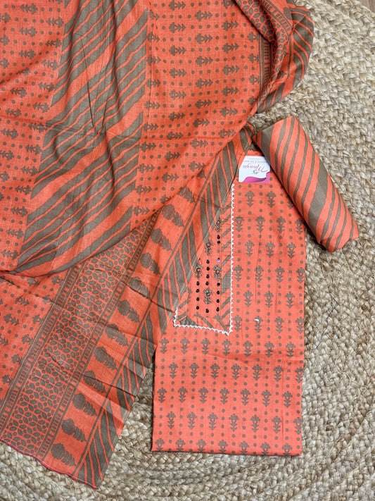 Orange Grey Unstitched Salwar Suit