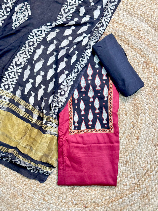 Maroon with Black Unstitched Salwar Suit