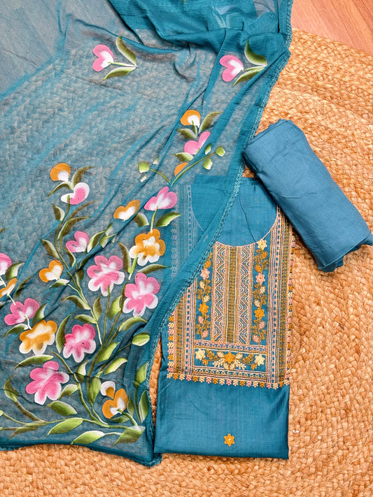 Teal Green with Black Unstitched Salwar Suit