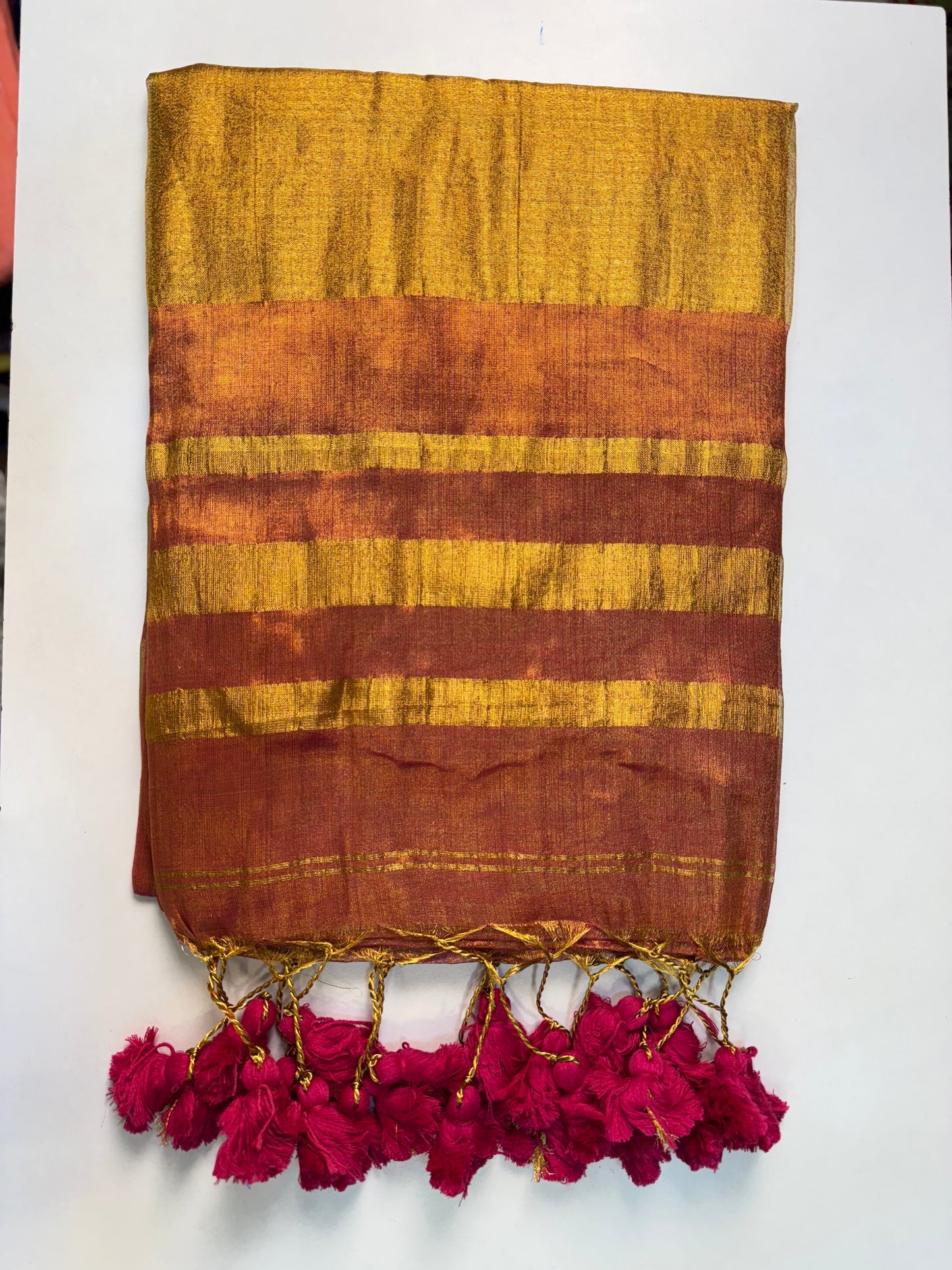 Golden Pink Plain Khadi Tissue Saree With Border