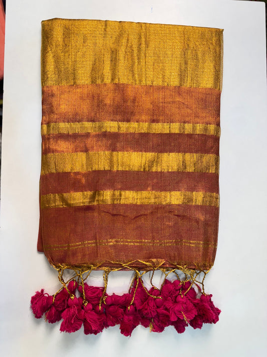 Golden Pink Plain Khadi Tissue Saree With Border