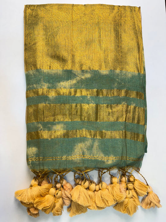 Rama Green Plain Khadi Tissue Saree With Border