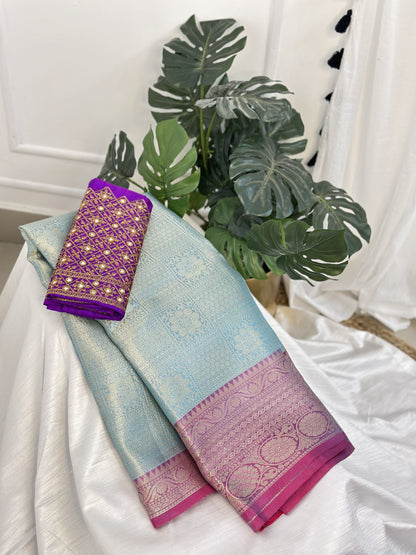 Light Blue Purple Tissue Saree with Work Blouse Combo