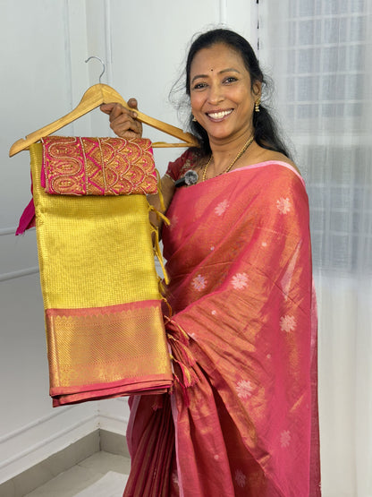 Yellow Pink Tissue Saree with Work Blouse Combo