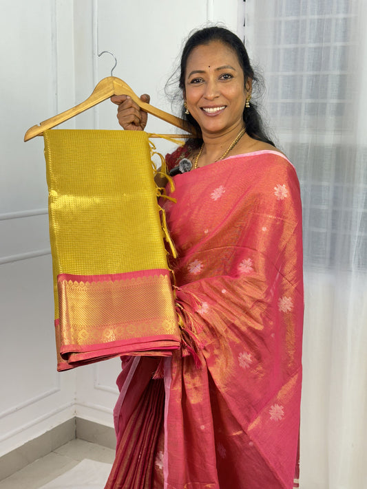 Yellow Pink Tissue Saree