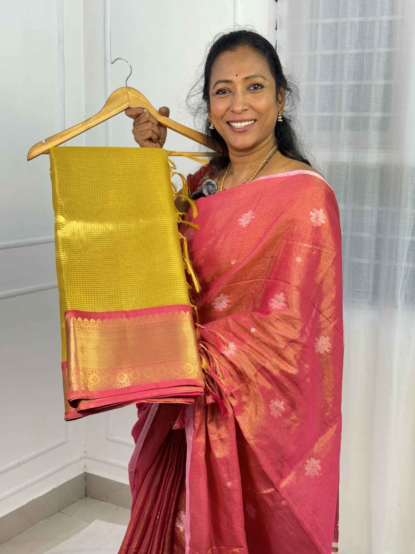 Yellow Pink Tissue Saree with Work Blouse Combo