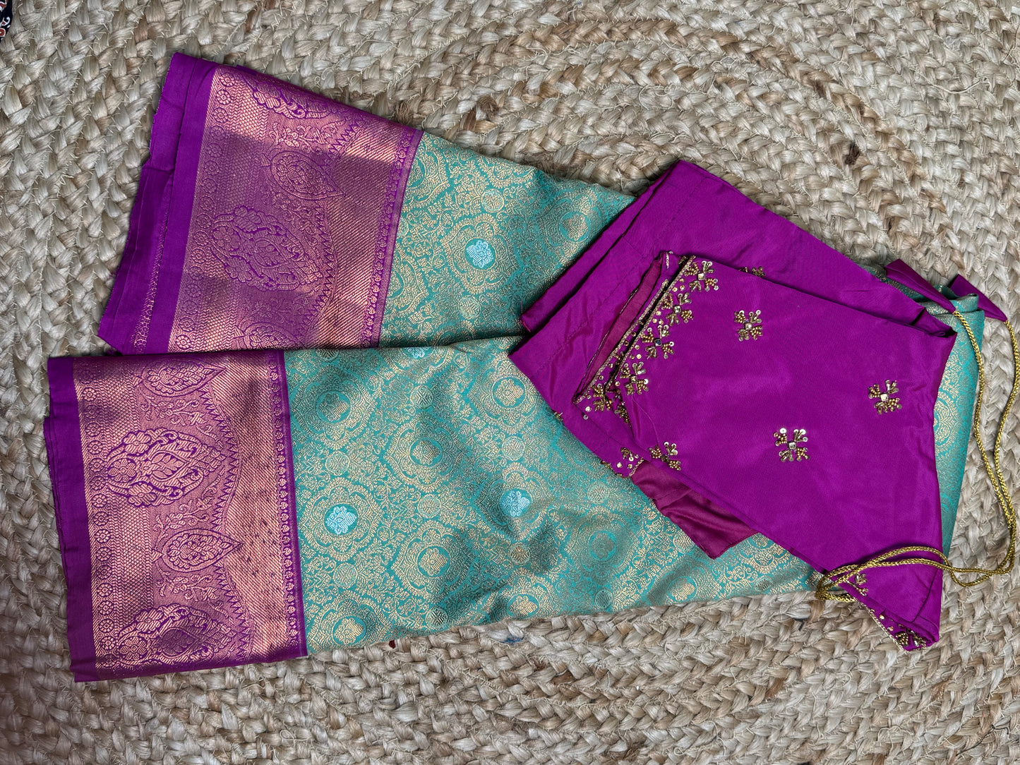 Green Semi Silk Saree With Hand Work Blouse Combo