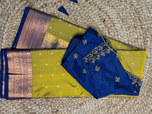 Mehendi with Blue Semi Silk Saree With Hand Work Blouse Combo