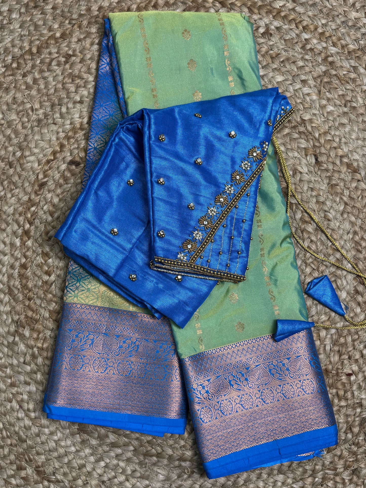 Green with Blue Semi Silk Saree With Hand Work Blouse Combo