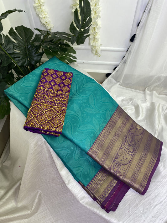 Ramagreen Purple Big Border Kora Muslin Saree with Work blouse combo