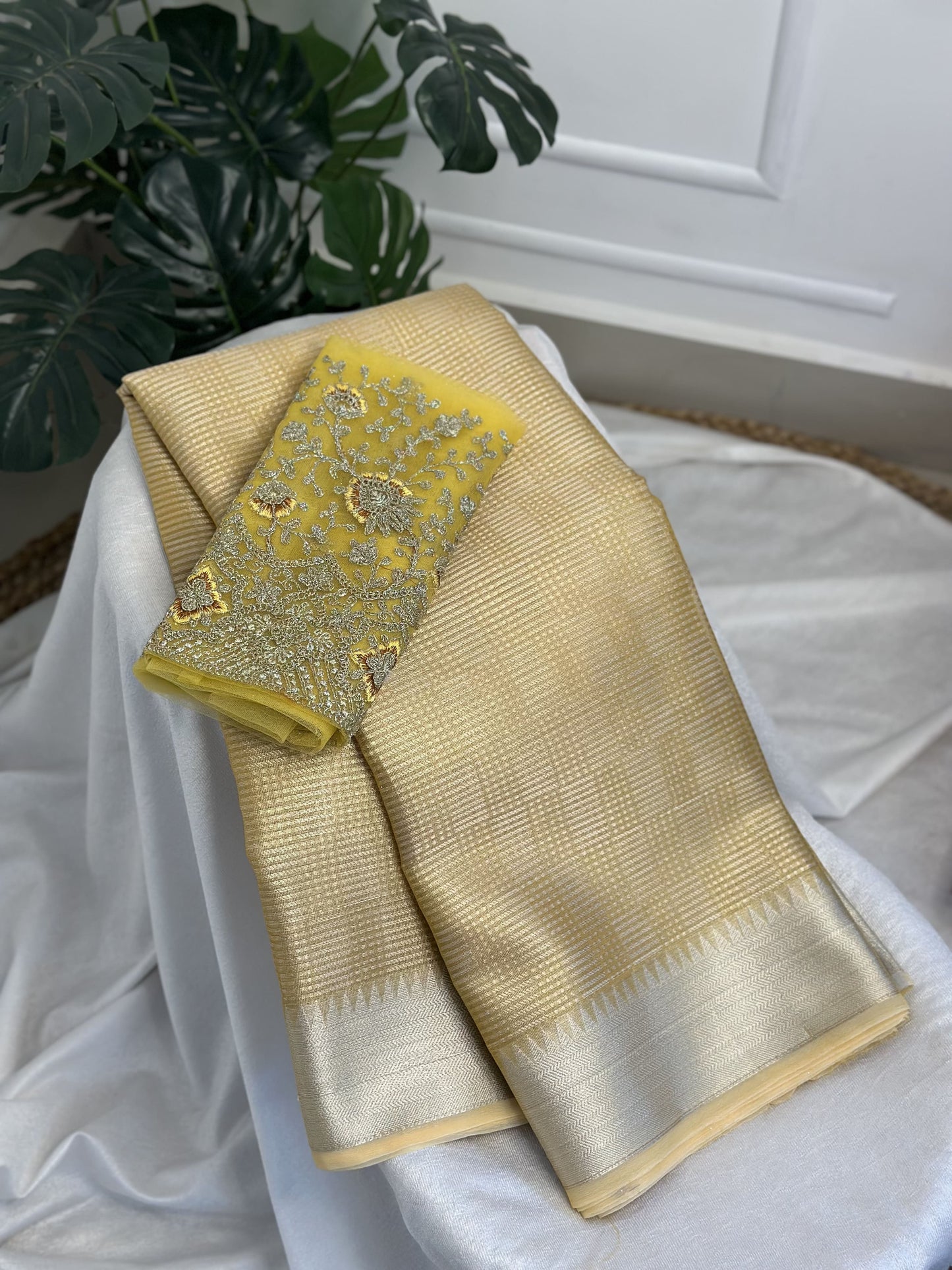 Light Yellow Tissue Saree with Work Blouse Combo