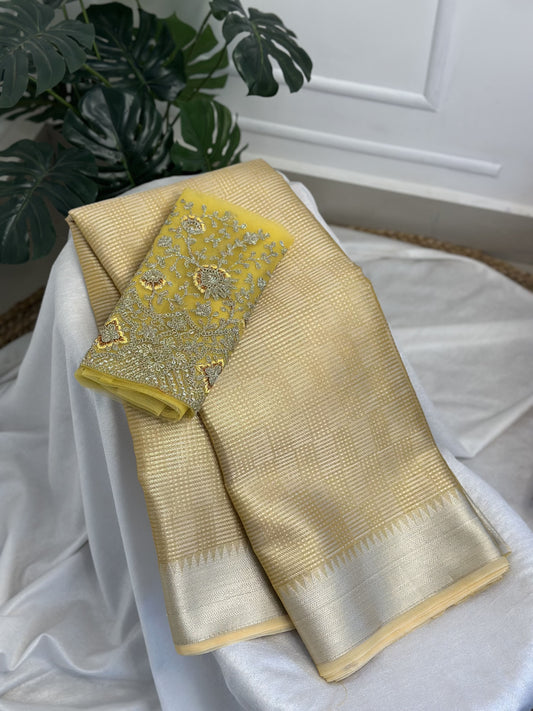 Light Yellow Tissue Saree with Work Blouse Combo