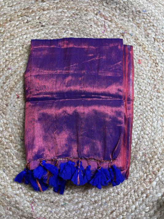 Purple Dark Blue tassels Plain Tissue Saree