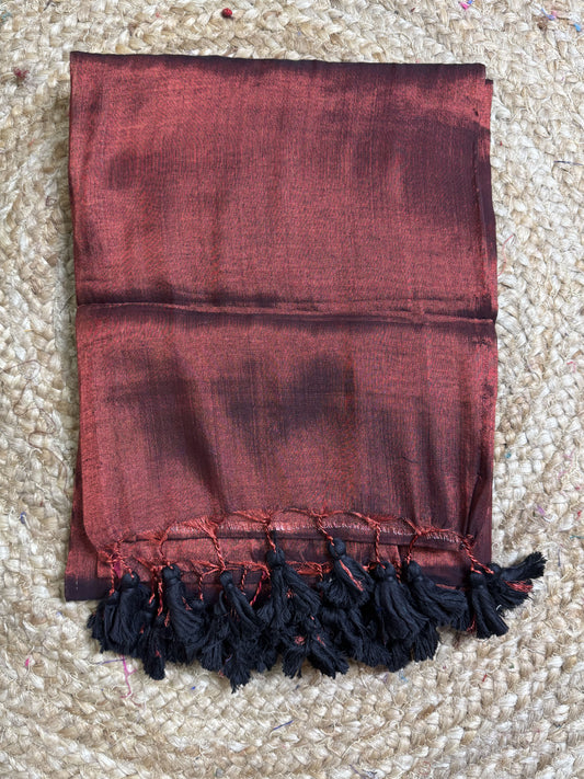 Maroon with black tassel Plain Tissue Saree