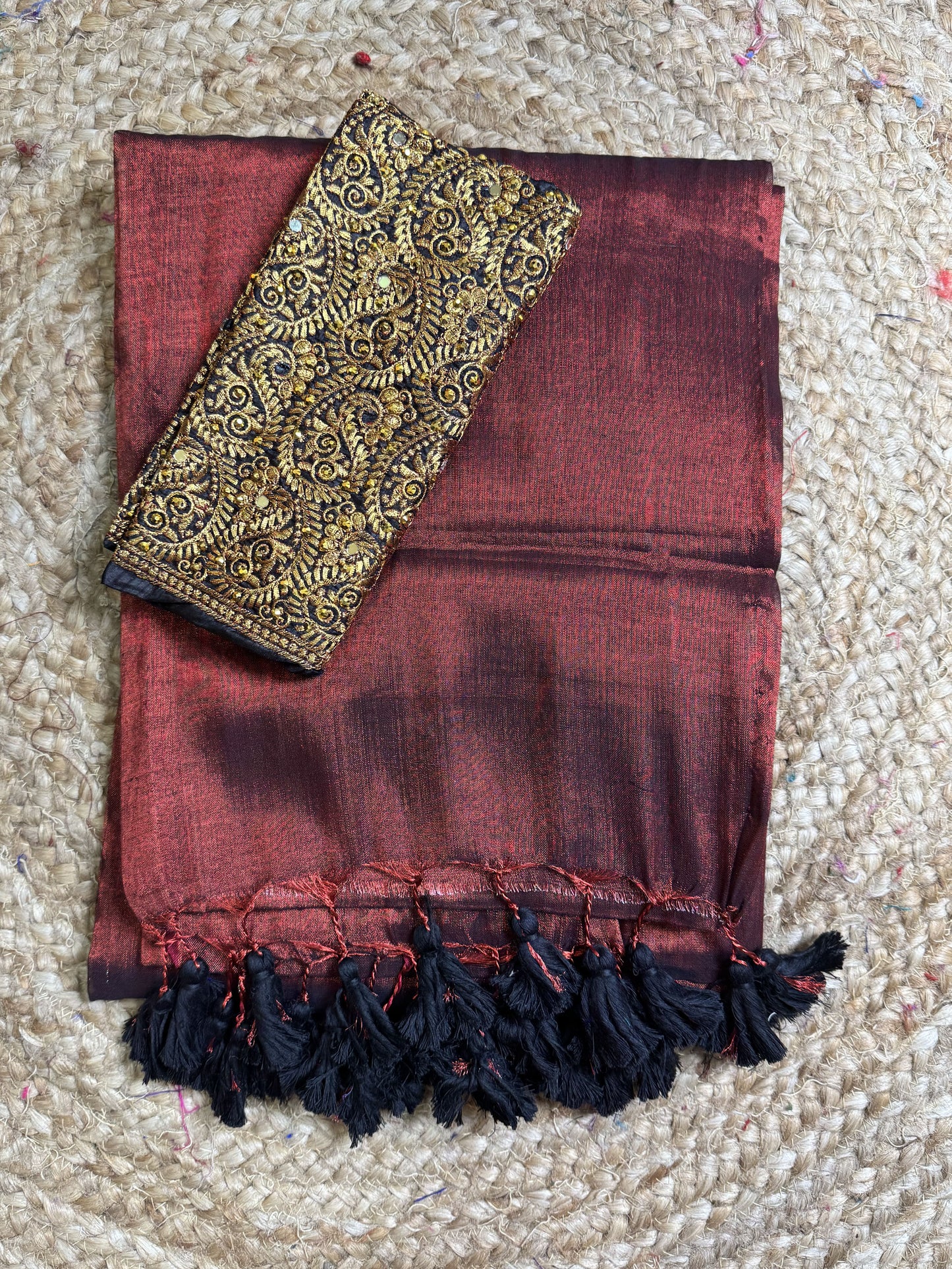 Maroon with Black Tassel Plain Tissue Saree with Work Blouse