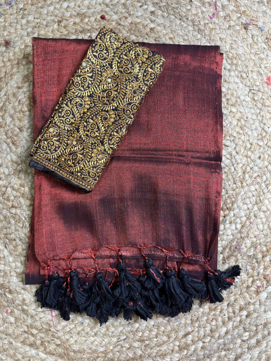 Maroon with Black Tassel Plain Tissue Saree with Work Blouse