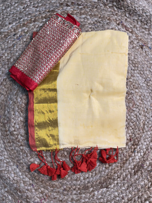 Sandal with Red Pure Mul Cotton Saree with Work Blouse