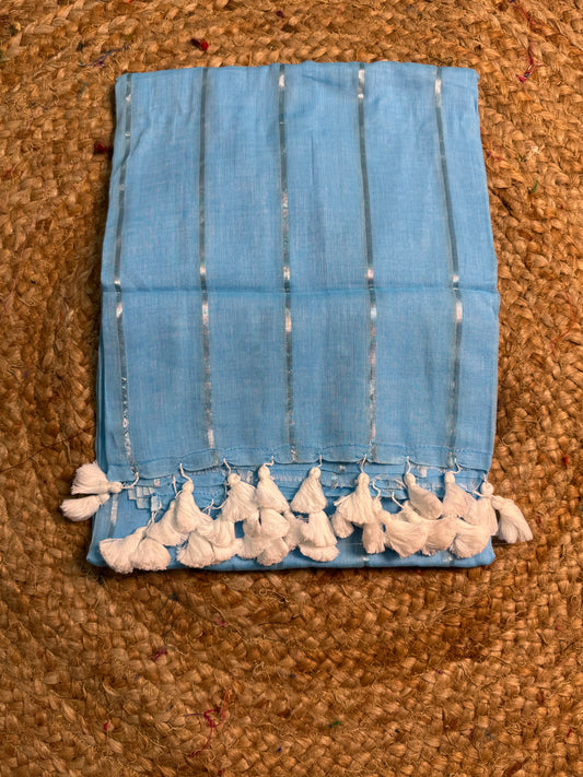 Blue Pure Mul Cotton Saree